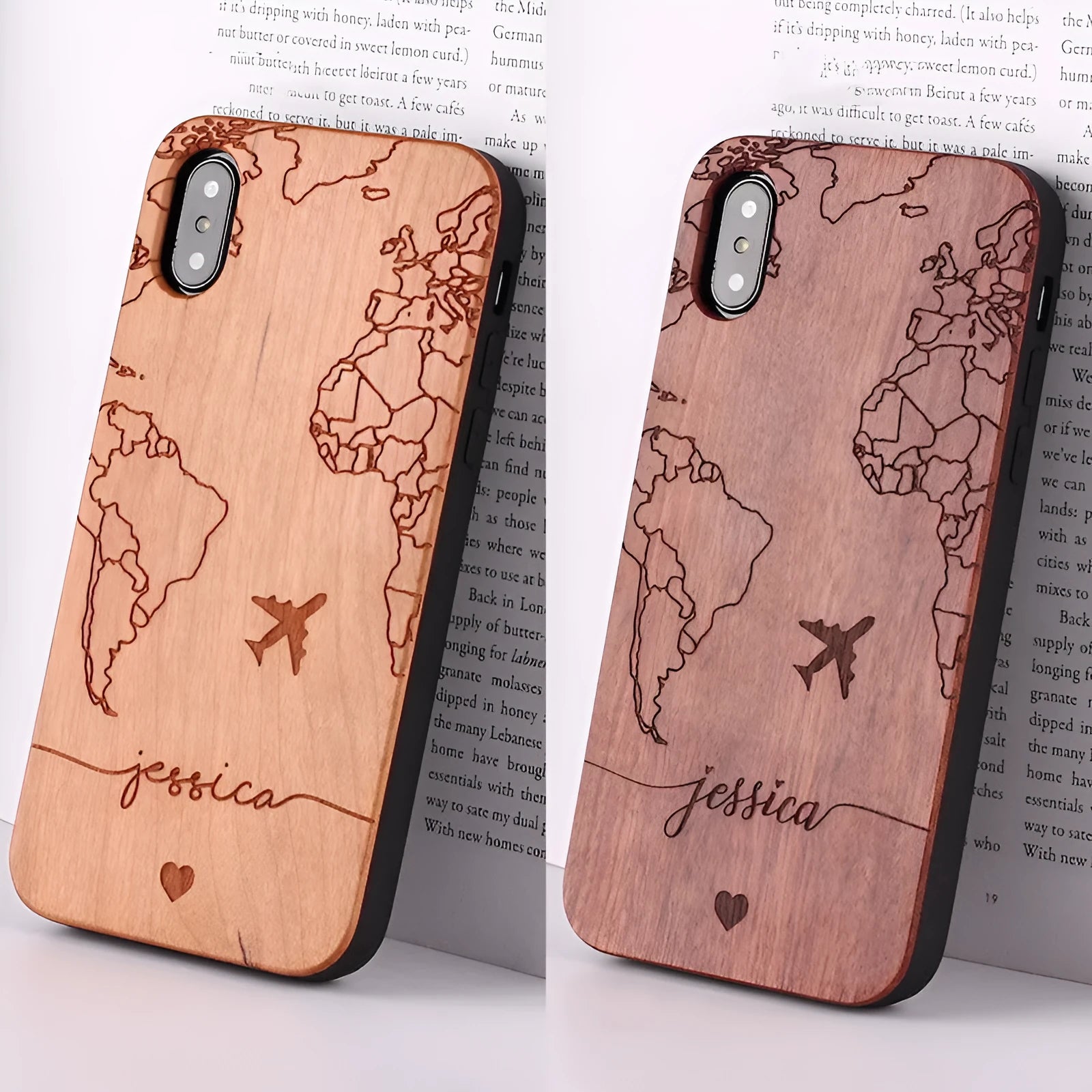 Solid wood carved protective phone case for iPhone models, brown finish with PC frame