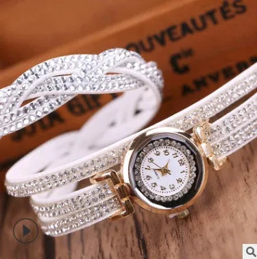 Ladies fashion watch with diamond twisted PU strap, round 26mm dial, pointer and number display, available in multiple colours