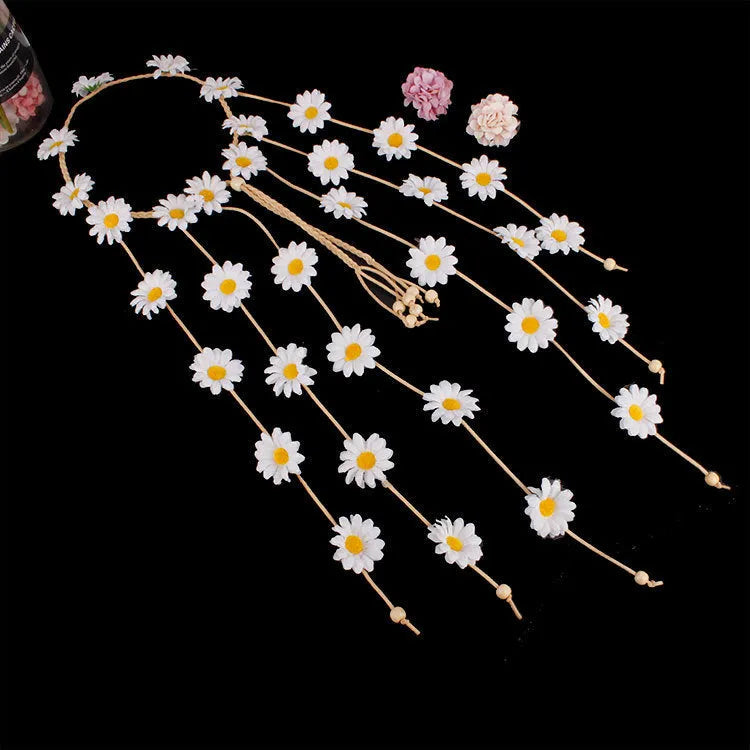 Handmade sun flower headdress garland hair band with Korean velvet and wooden beads in a bohemian style