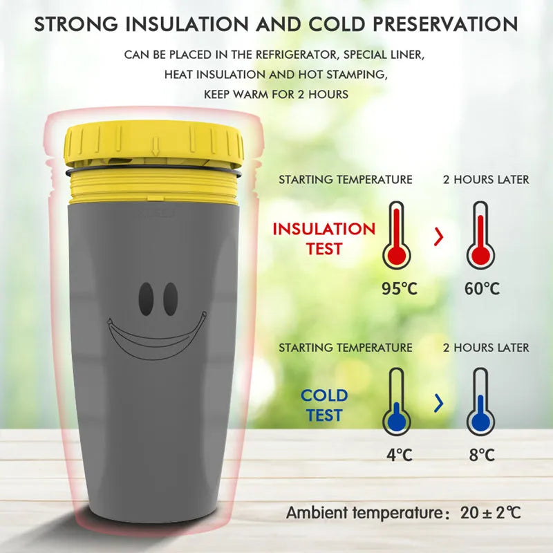 Double wall insulated travel tumbler with twist seal showing cartoon patterns and straw