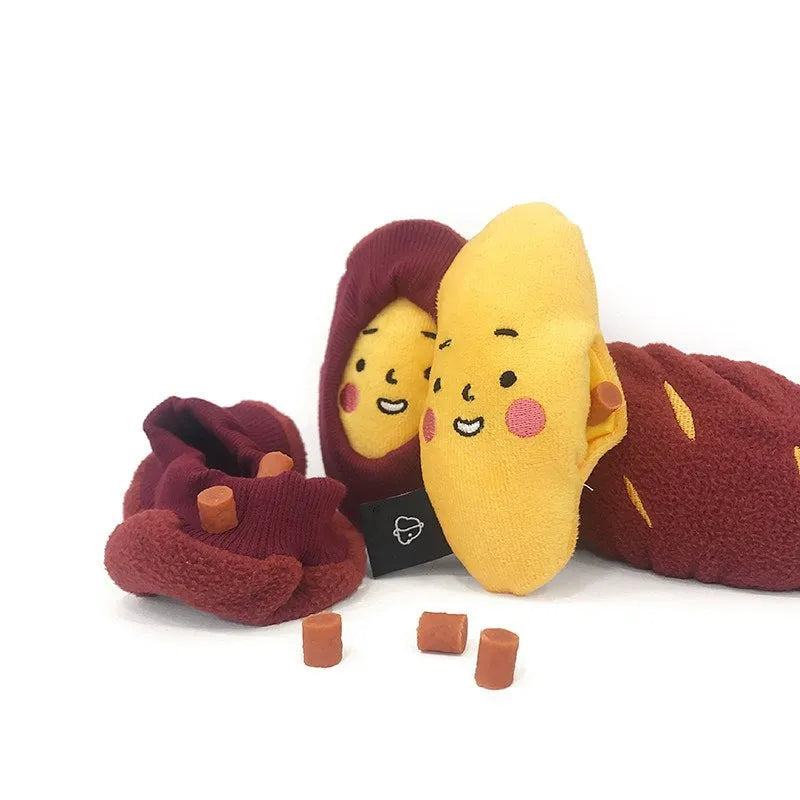 Red sweet potato pet puzzle toy with removable inner piece and hidden treat pocket for dogs and cats