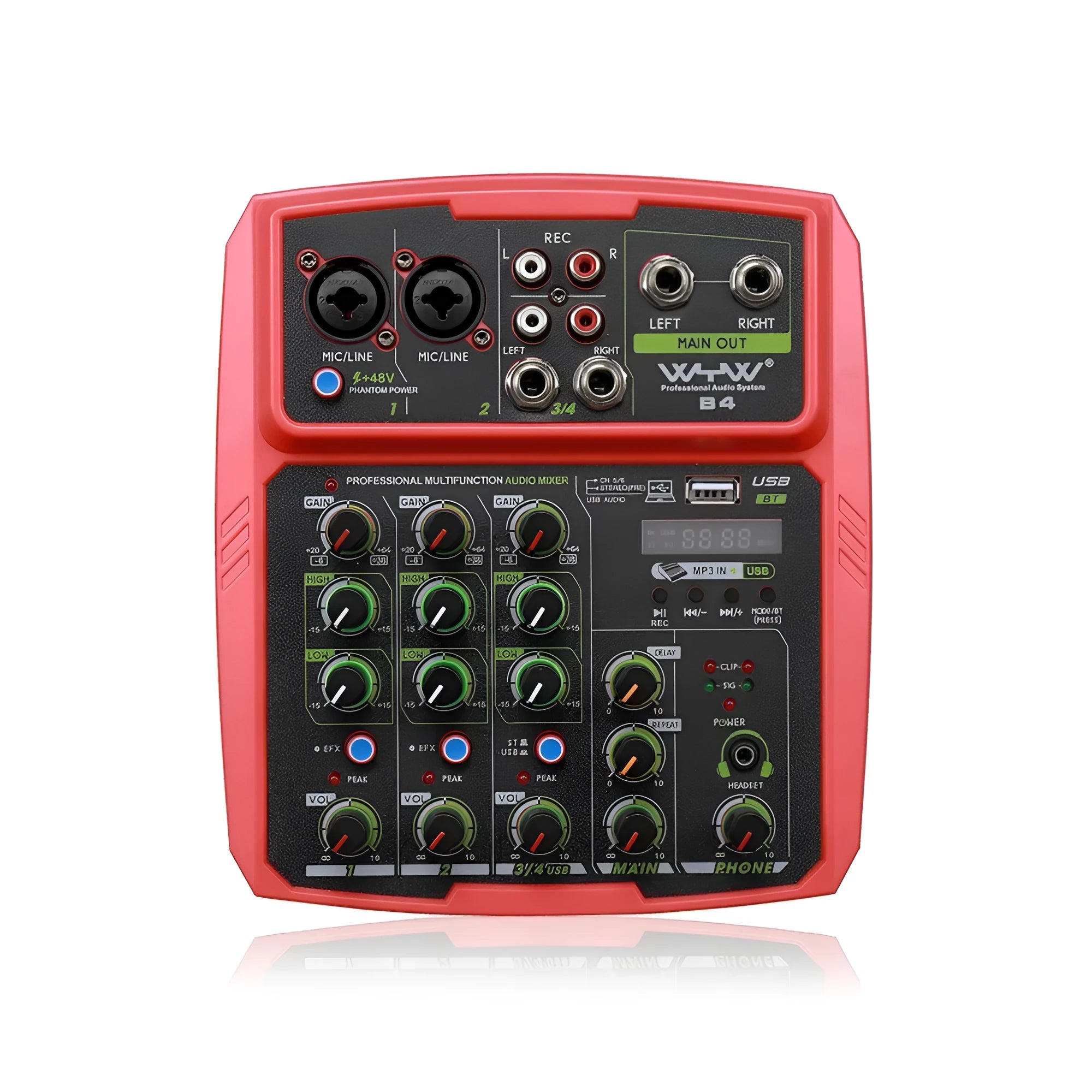 Reverb audio processor with USB interface, 20W power output, included mixer and accessories in green, red or yellow colour options