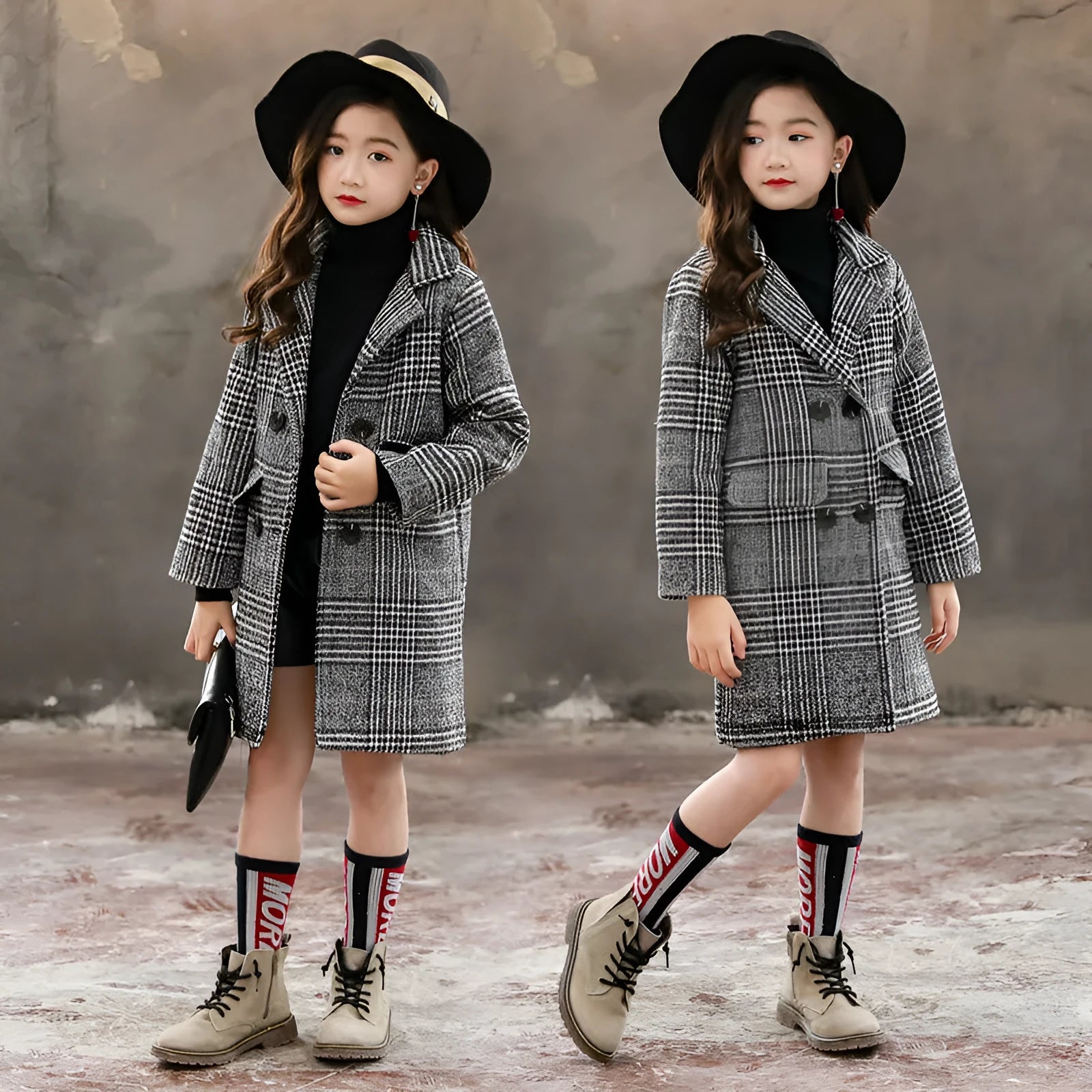 Grey houndstooth pattern coat with suit collar and long sleeves for girls.