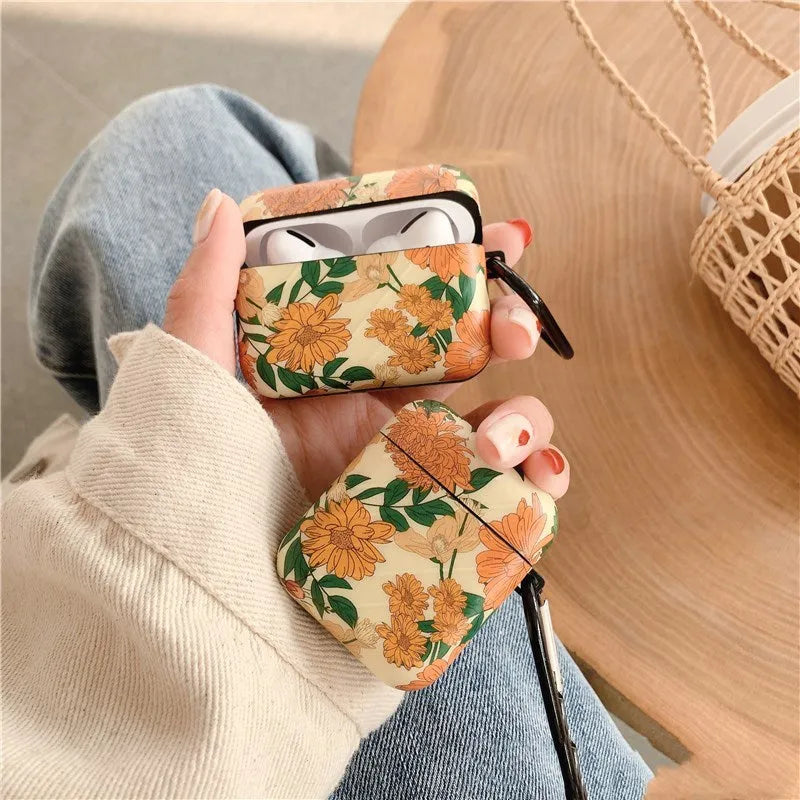 Yellow daisies design on a case for true wireless earbuds compatible with AirPods, light yellow plastic