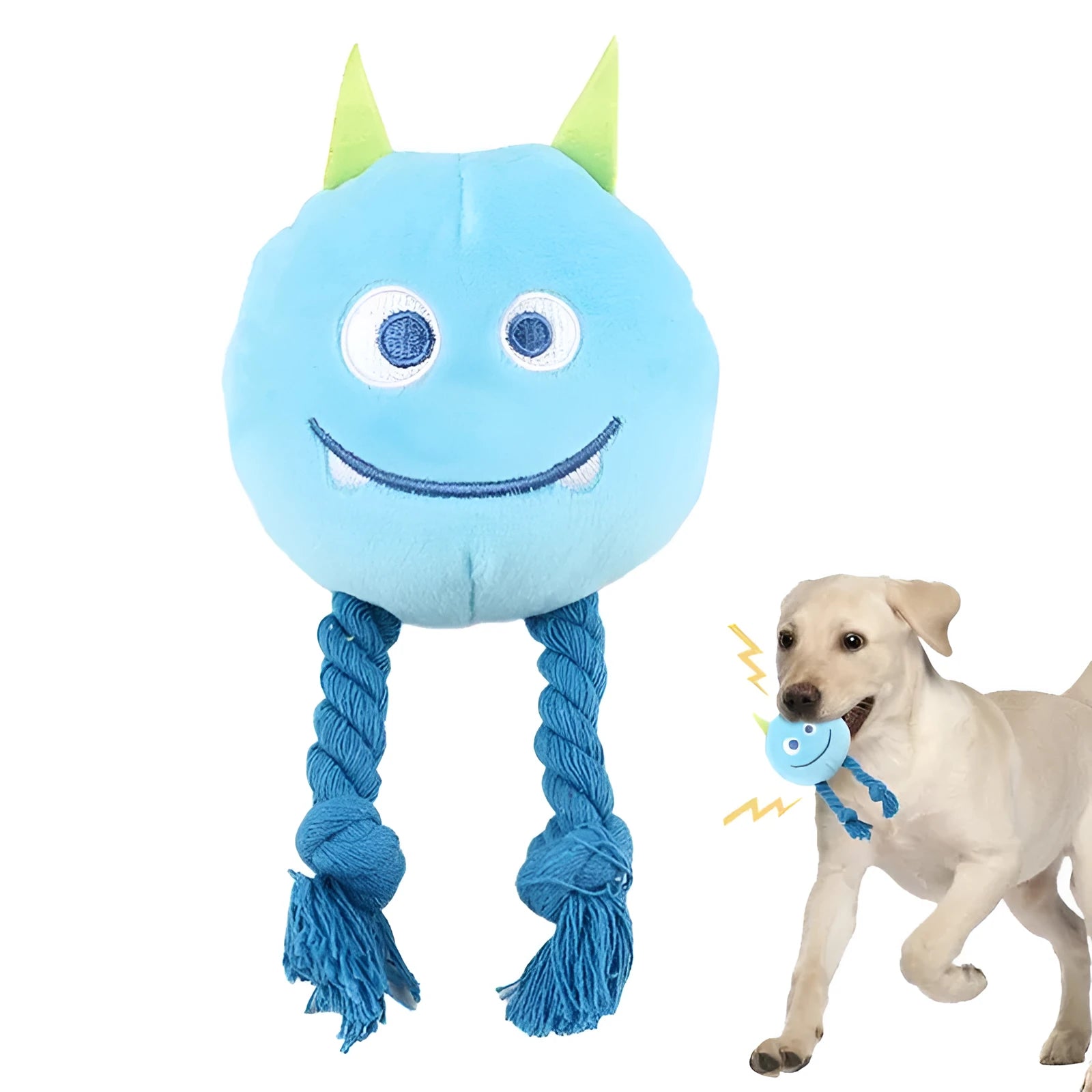 Blue and yellow dog squeaky toy with knot design made from cotton rope and PP cotton filling