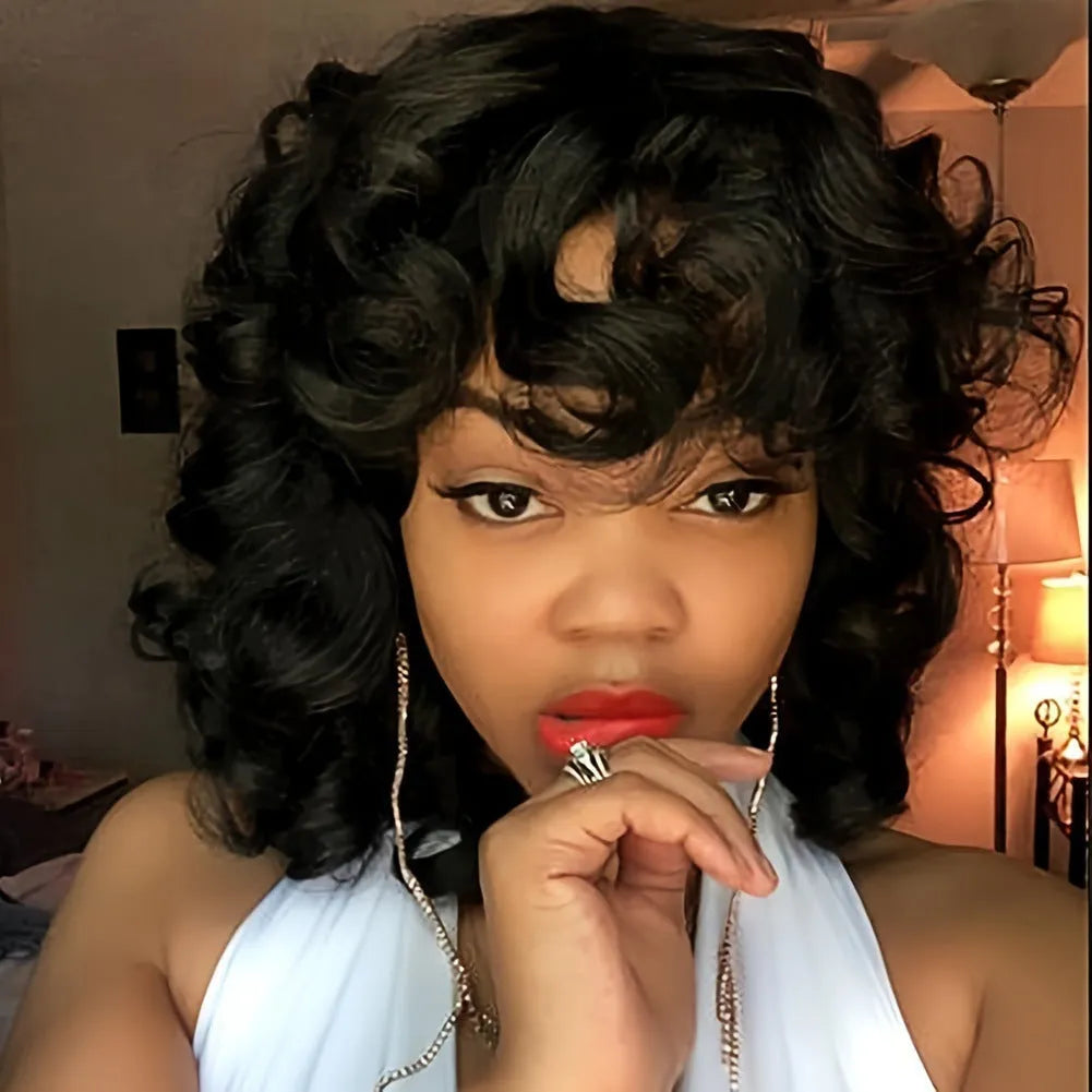 Black synthetic women's Afro wig with long curly exotic style on display