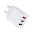White 3USB mobile phone charger with EU, UK or US plug, 5V 2400mA output, 45mm wide compact body