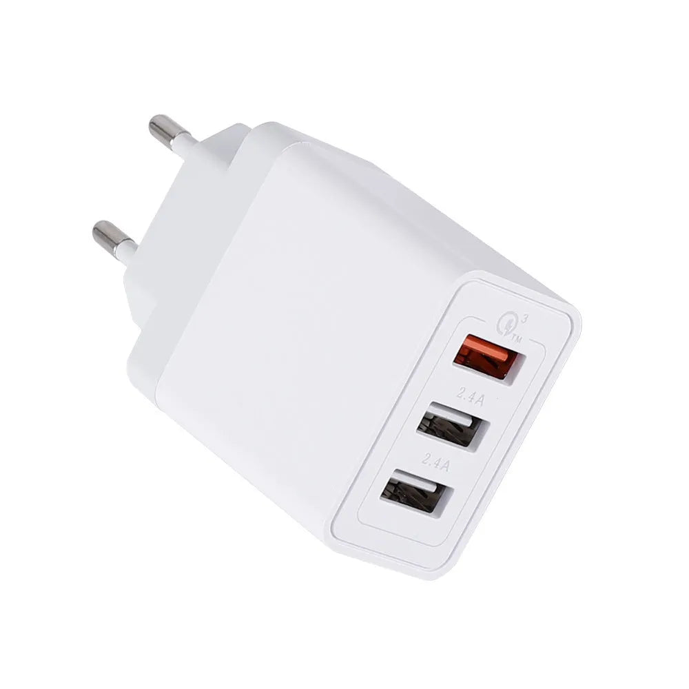 White 3USB mobile phone charger with EU, UK or US plug, 5V 2400mA output, 45mm wide compact body