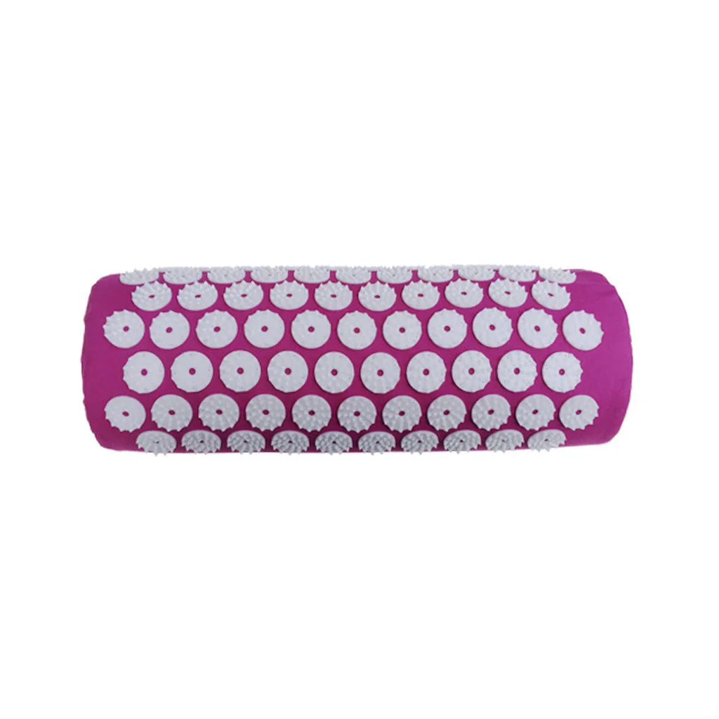 Black and blue acupuncture massage mat set with cushion and headrest on floor for yoga and massage