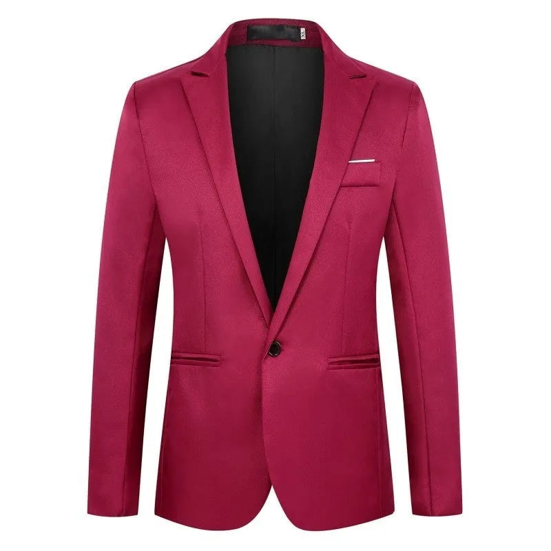 Men's loose fit acetate fibre wedding tuxedo jacket shown in multiple colours including black, blue, and wine red.