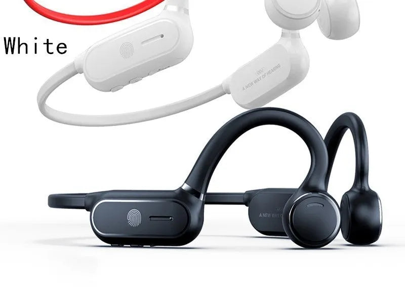 Black air conduction Bluetooth wireless earphone with a bendable titanium neckband and touch controls.