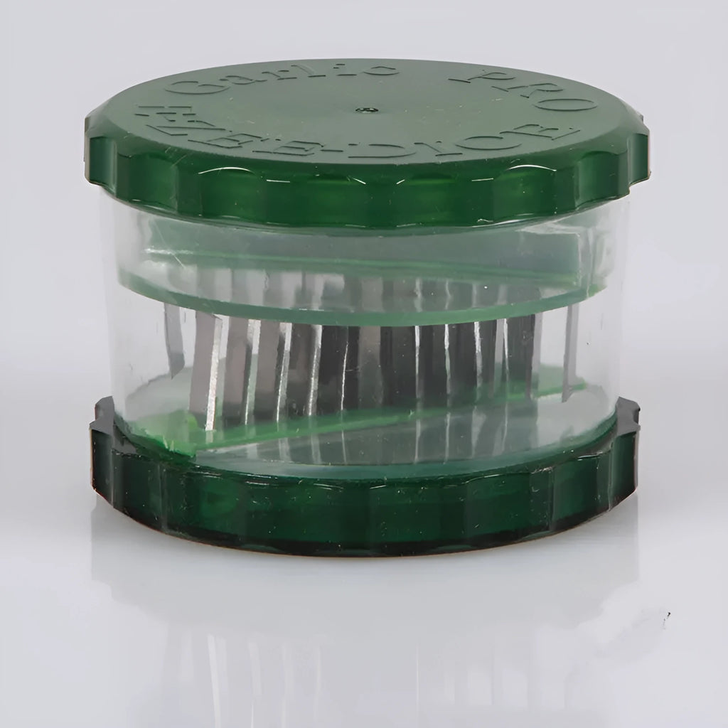 Green transparent garlic peeler kitchen gadget showing 8.5cm dimensions