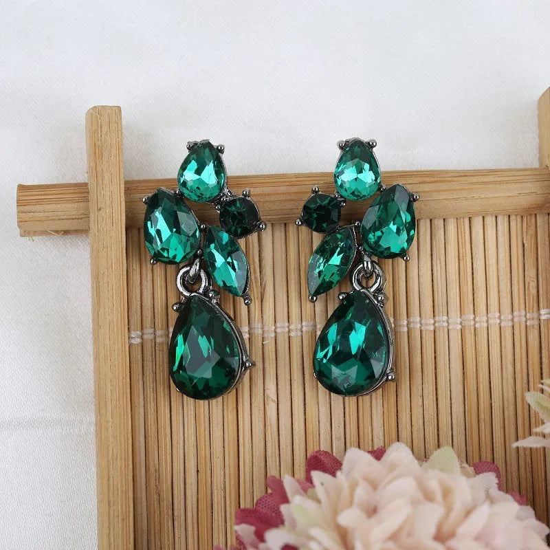 Glass crystal drop earrings in green with steel needle post, simple style design