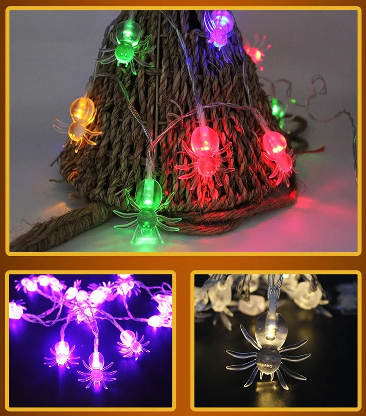 Halloween LED string lights with pumpkin, bat, and ghost decorations hanging on a wall