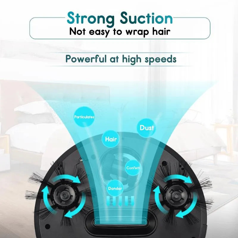 Smart home sweeping robot in white, 27cm square with dust box and charge cable