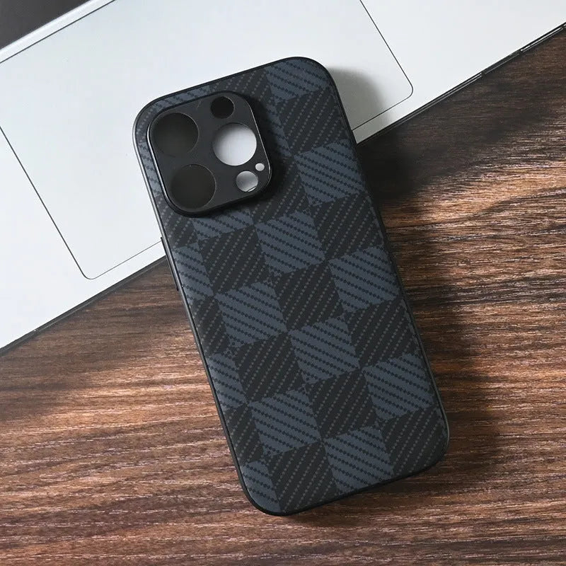 Black pattern imitation leather anti-fall iPhone case, shockproof and fingerprint-proof, for iPhone 11-16 Pro Max