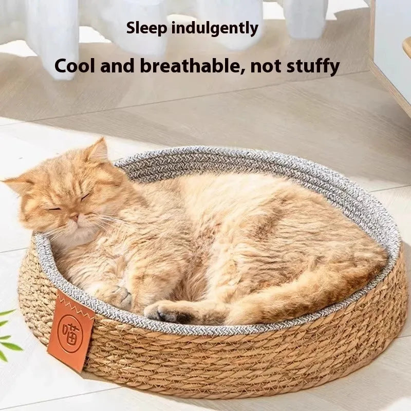 A woven rattan cat bed or cage, shown in one of four available sizes: S, M, L, or XL.