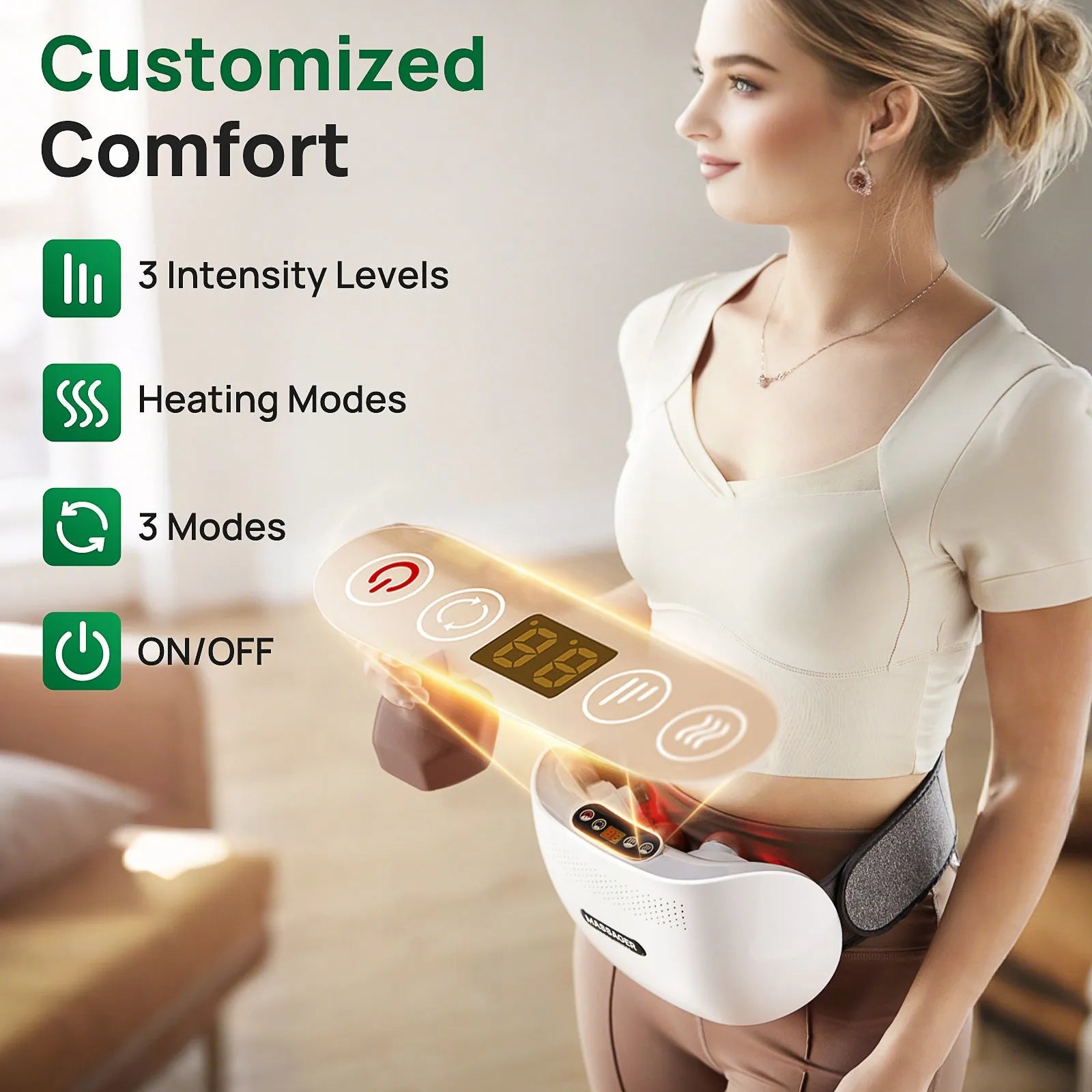 Smart Bian Stone Abdominal Massager with heat and light wave therapy, white finish, with auto kneading feature