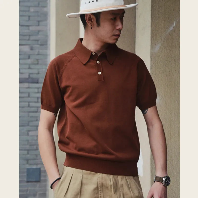 Retro style men's cotton short-sleeved T-shirt in slim fit showing dark brown colour option