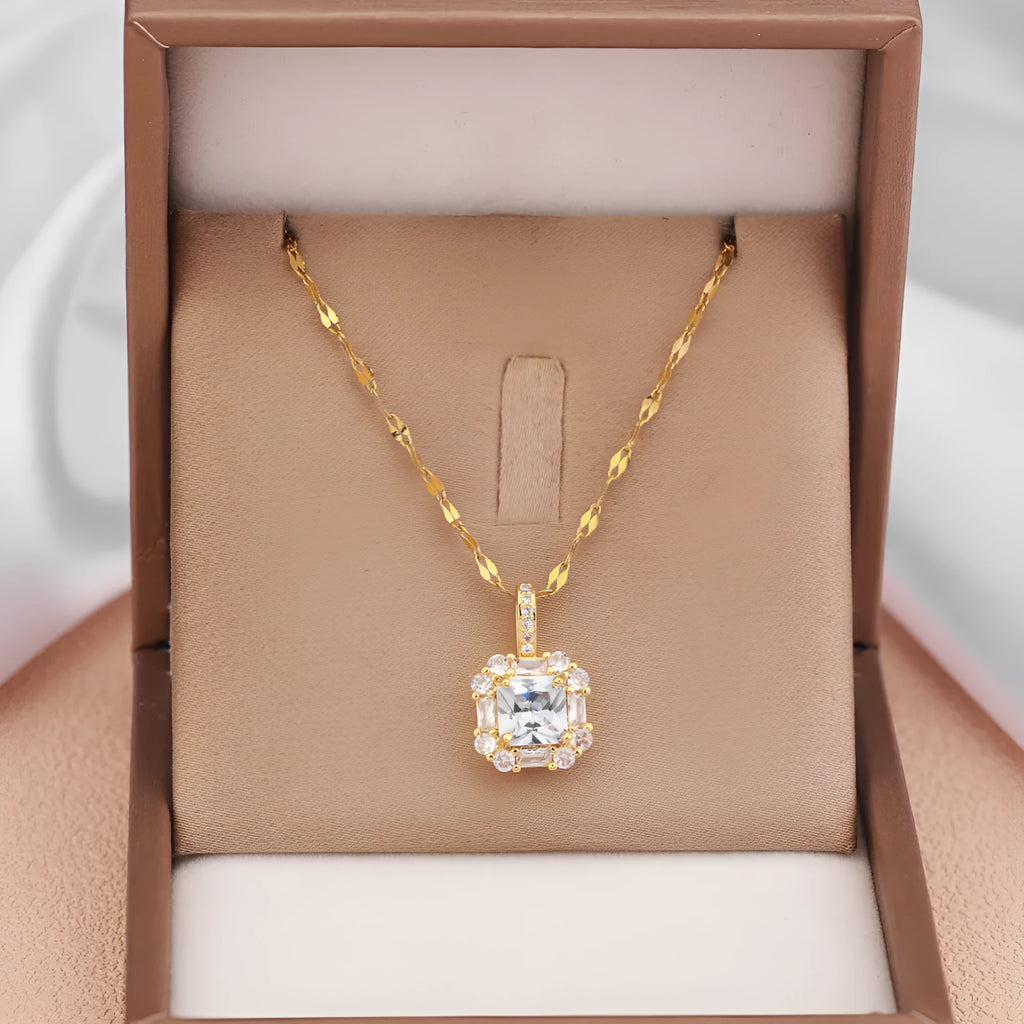 Women's gold titanium steel clavicle chain with geometric quadrilateral zircon pendant on water wave chain