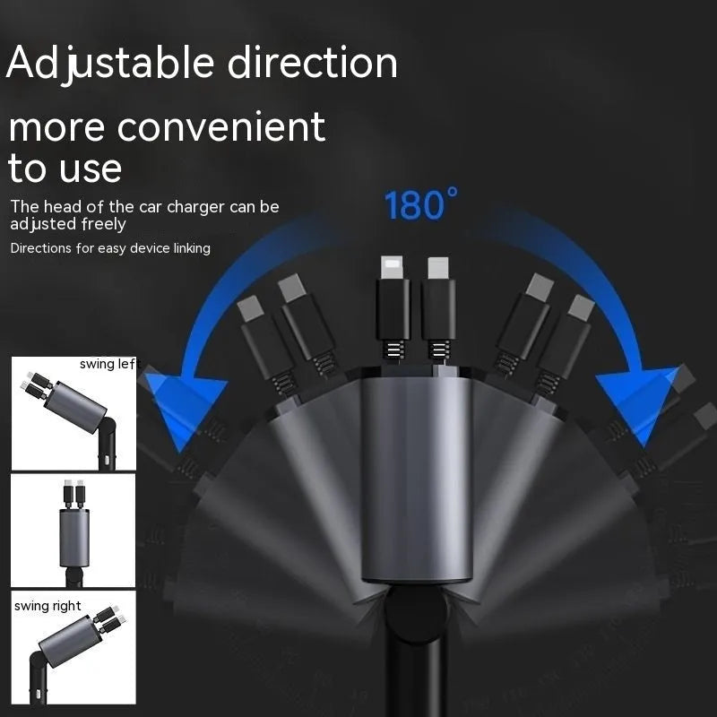 Automatic retractable car charger plugged into a vehicle cigarette lighter socket with its cable extended.