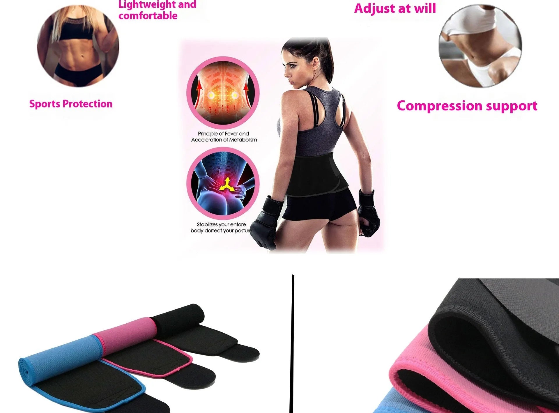 Neoprene hot lumbar support belt for fitness and running sports in black colour
