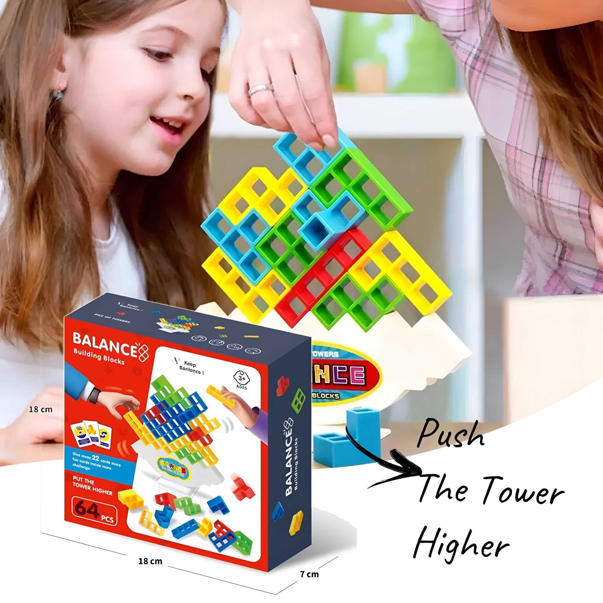 Plastic balance stacking game with 16 colourful building blocks on a square chassis