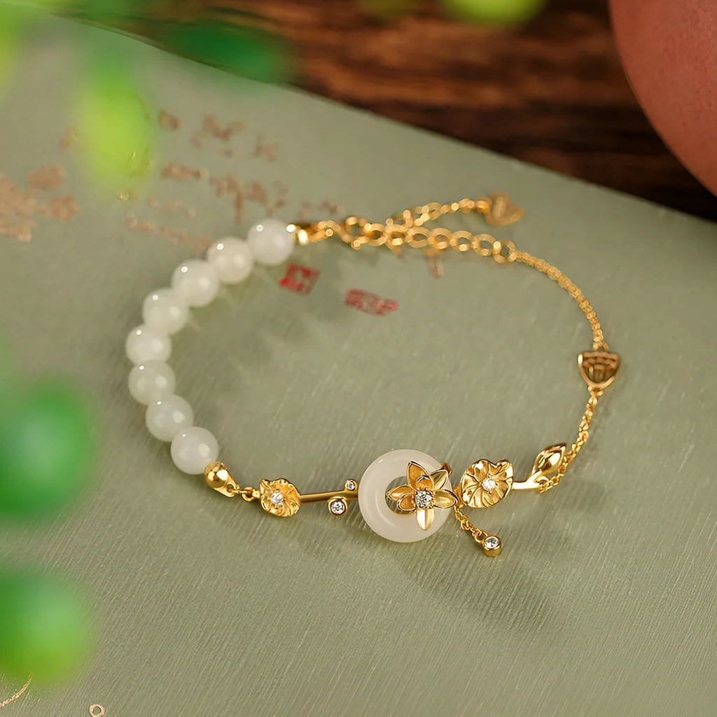 Women's 925 silver peace buckle bracelet with Hetian jade lotus inlay in retro style