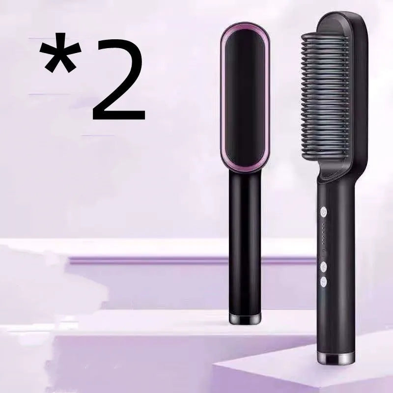 Red and black dual hair straightener and hot comb with digital display and rotating power cord.