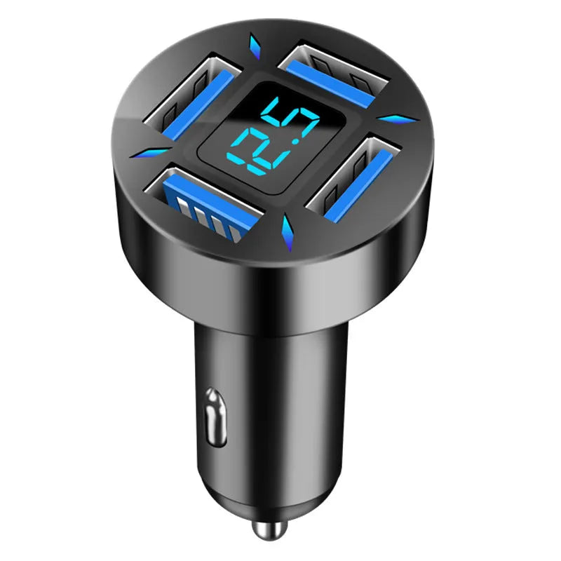 Four-port USB car charger with digital LED display for use in vehicles