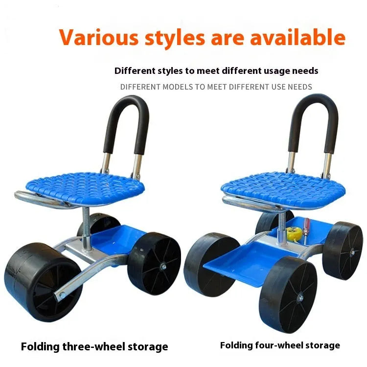 Folding garden mobile seat on wheels with galvanized pipe frame, shown in outdoor setting