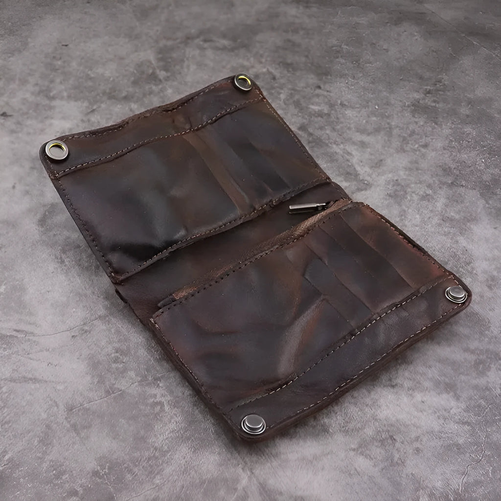 Men's genuine leather vertical long wallet with multiple card slots and coin pocket