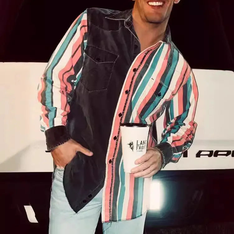 Men's retro printed long sleeve striped casual shirt with cardigan front in loose polyester fit