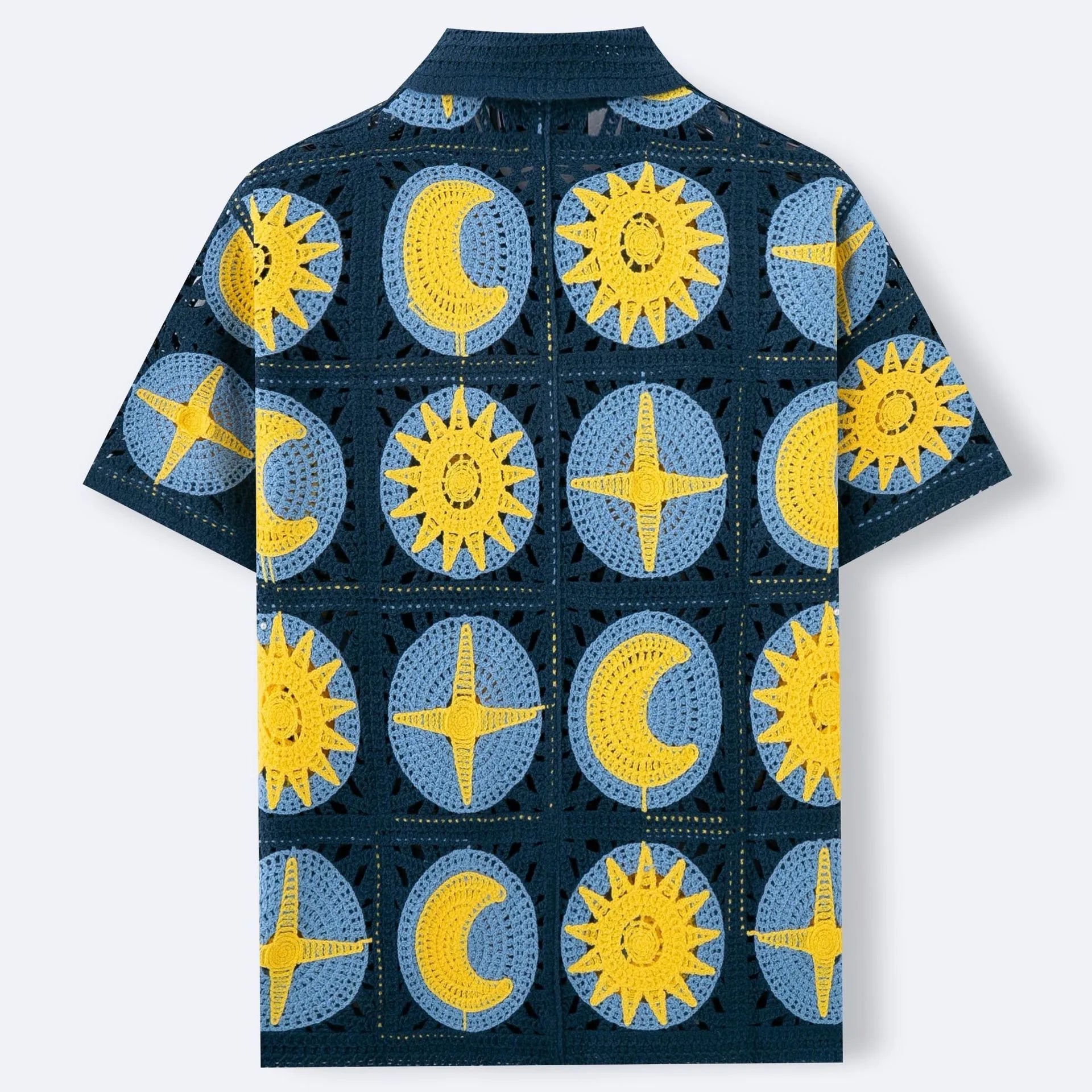 Men's navy blue short-sleeved cardigan with a cartoon flocking pattern on the front.