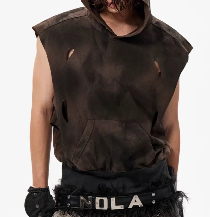 Khaki coloured short-sleeved cotton hood vest for youth, shown on a hanger.