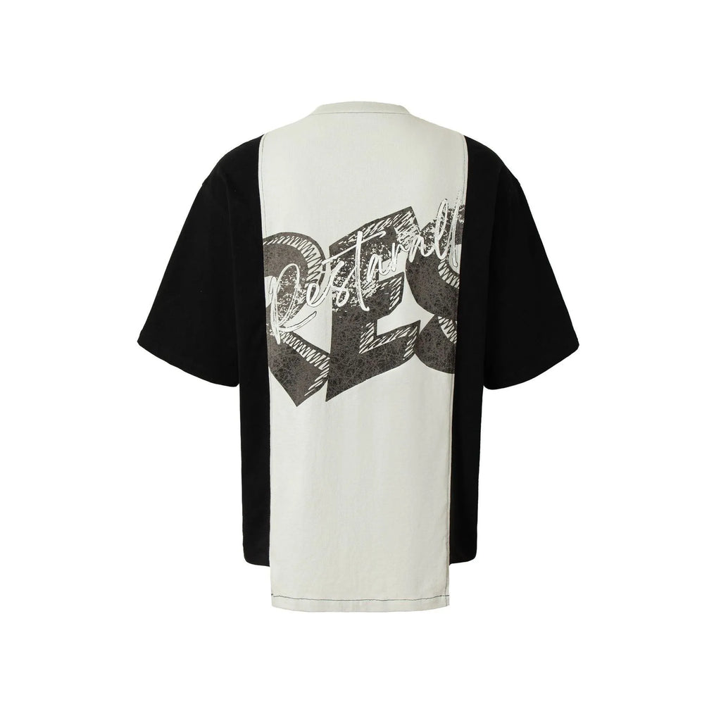 Black and white stitched oversized T-shirt with a broken collage deconstruction graphic print.
