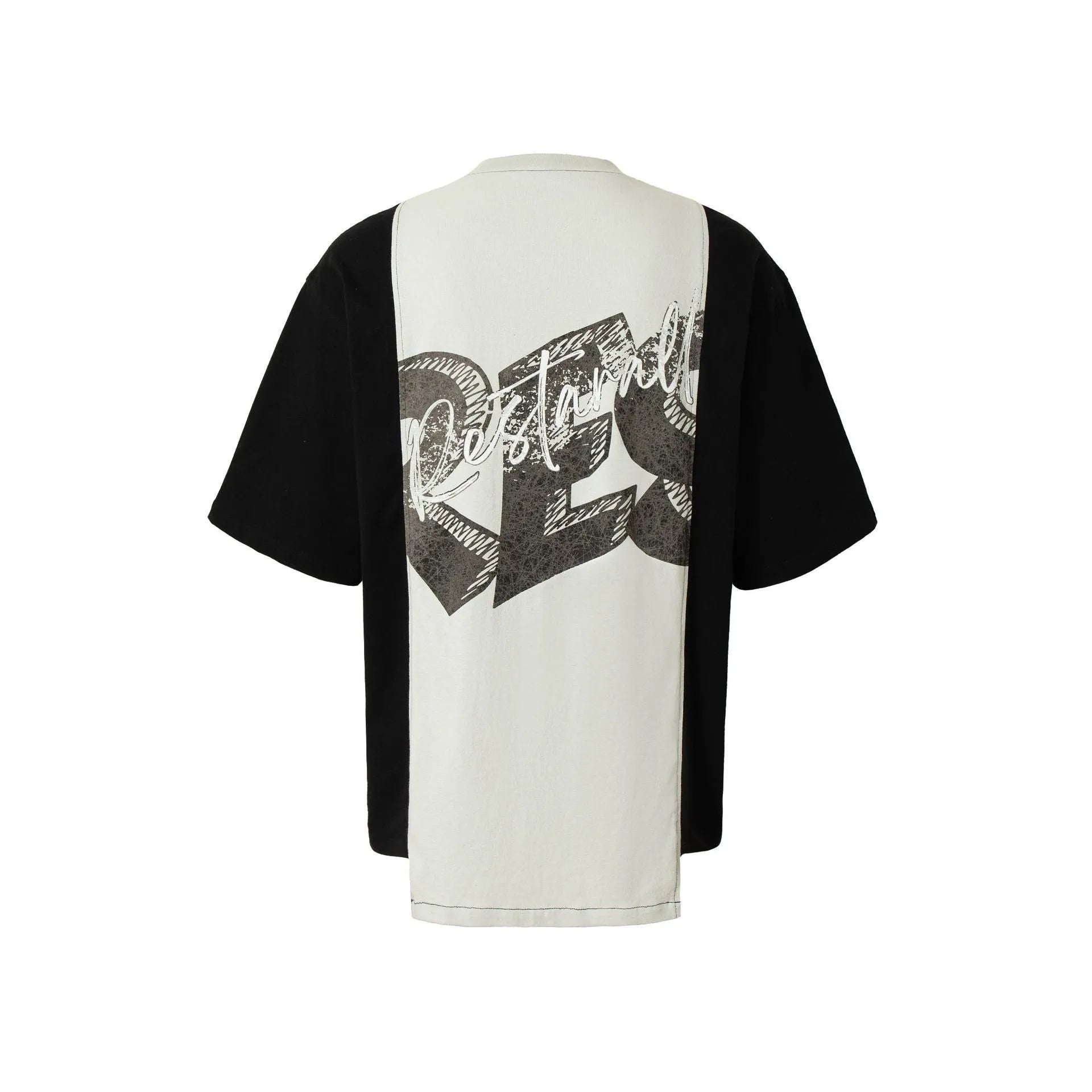 Black and white stitched oversized T-shirt with a broken collage deconstruction graphic print.