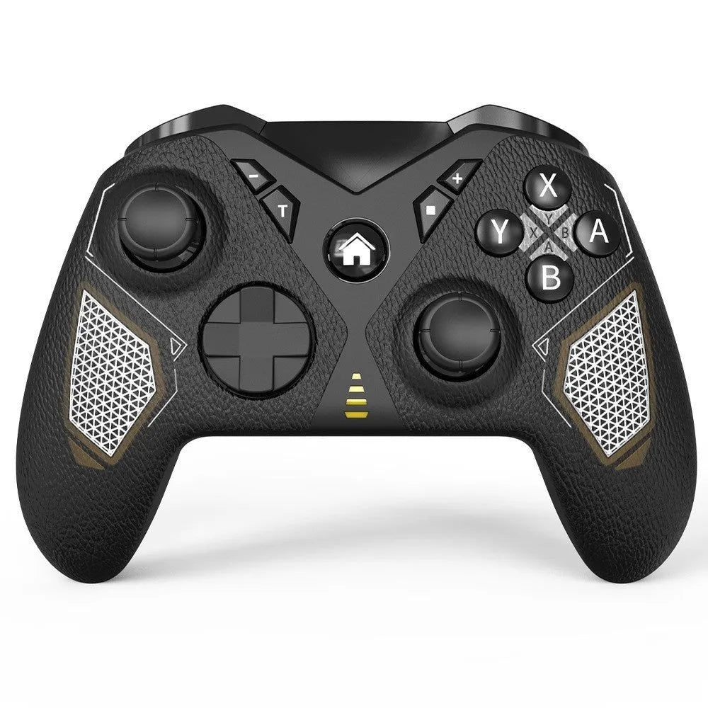 Black wireless game controller with leather-pattern texture on grips, shown next to a Type-C charging cable.