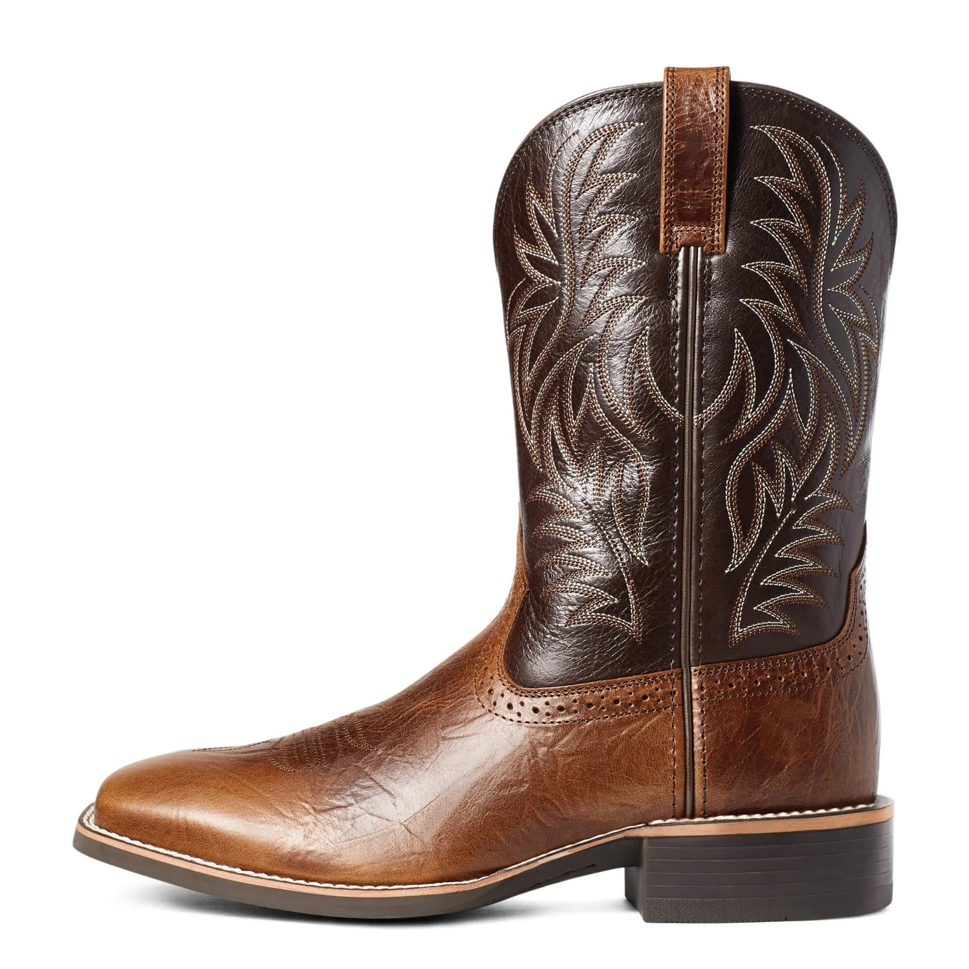 Black men's cowboy boots with detailed embroidery and stitching, square toe, and a low horseshoe heel.