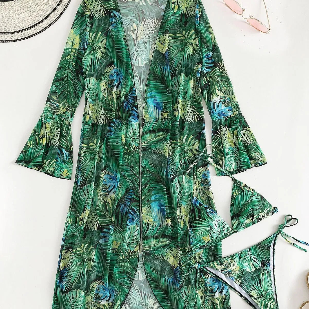 European American split bikini cover beach swimsuit set in green flower pattern with coat top and shorts