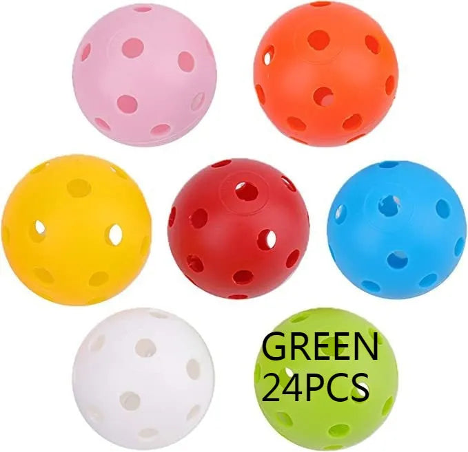 Multi-colour golf practice balls in red, orange, blue, green, white, and yellow shown in a net bag.