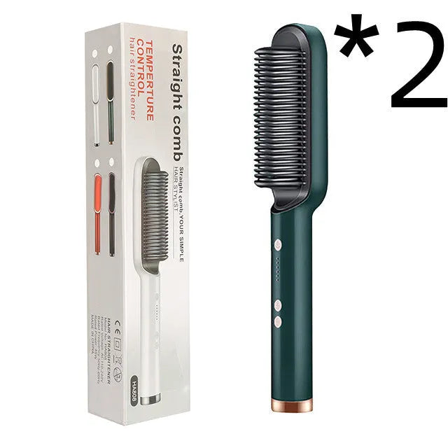 Red and black dual hair straightener and hot comb with digital display and rotating power cord.