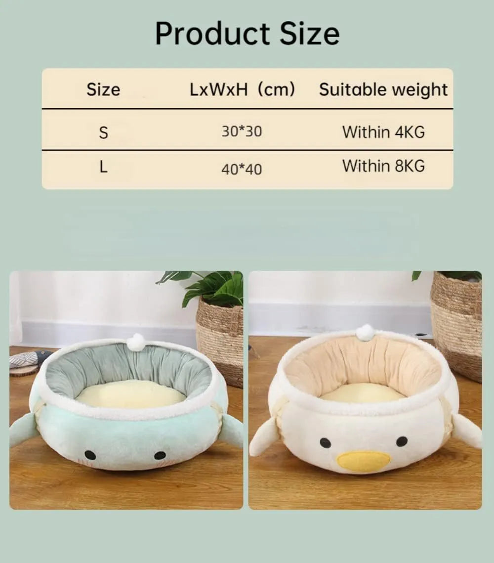 Green dinosaur and chick shaped cat bed shown both flat and hanging as a hammock.