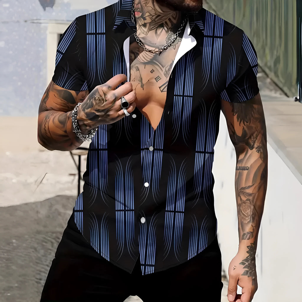 Men's geometric line print short sleeve shirt with lapel neckline in slim fit polyester