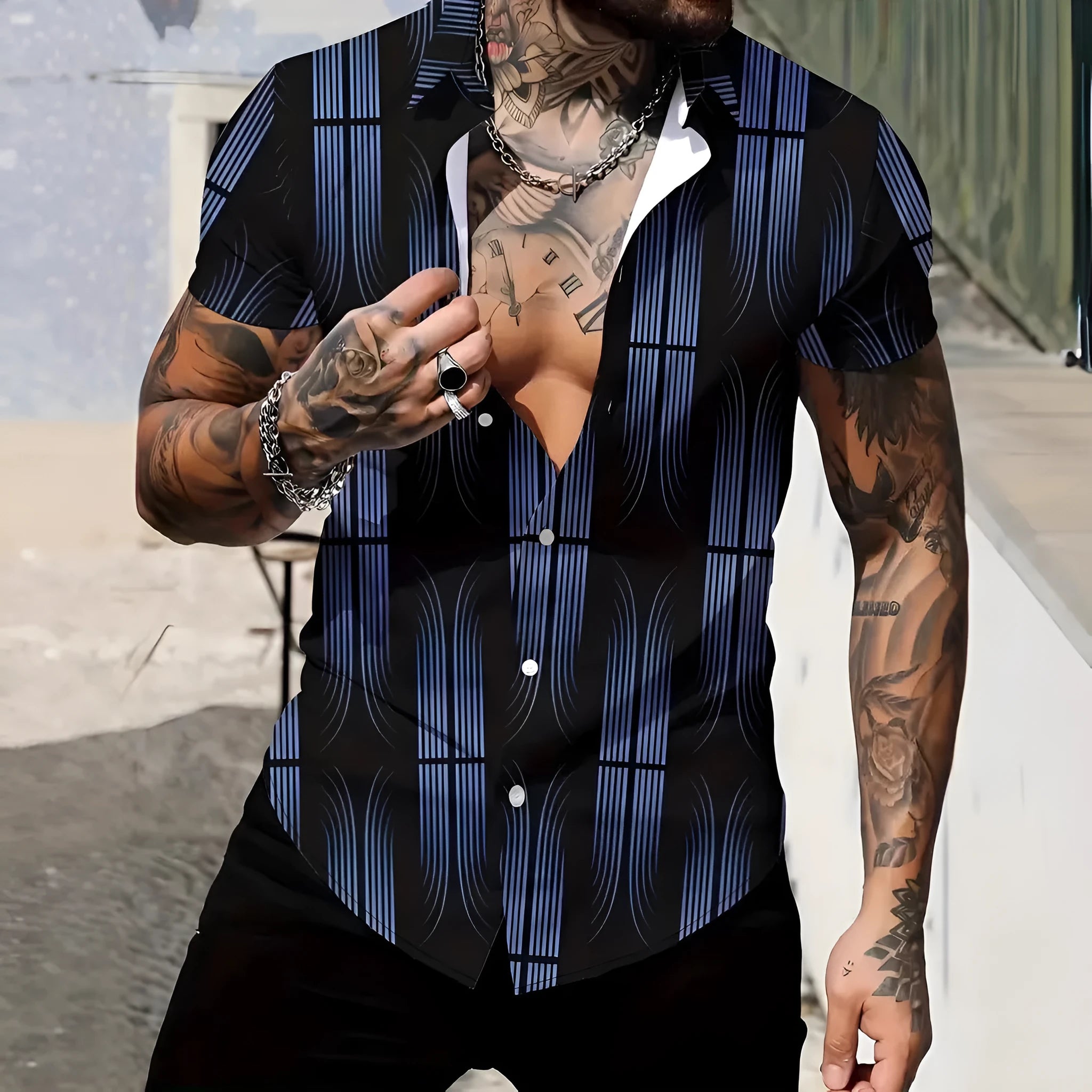 Men's geometric line print short sleeve shirt with lapel neckline in slim fit polyester