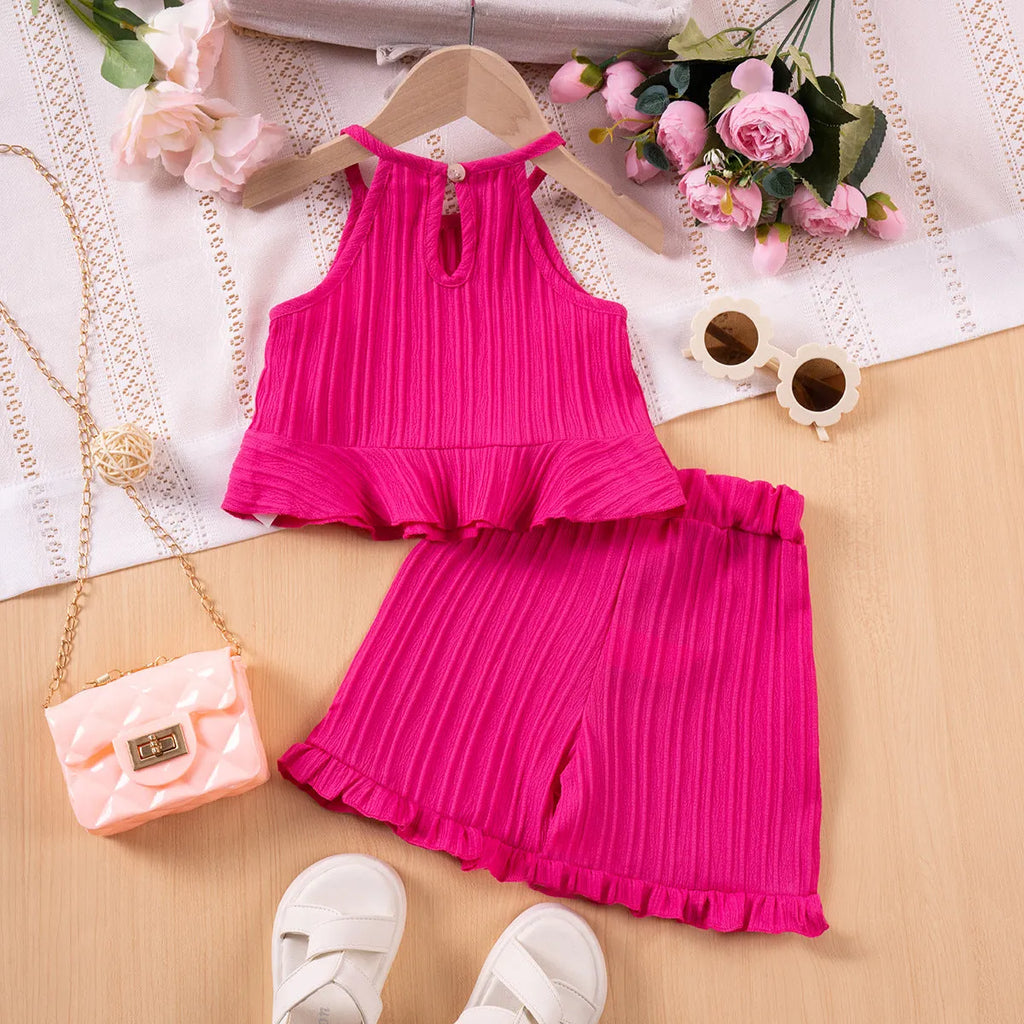 Girls cold-shoulder sleeveless vest and shorts two-piece set in polyester, shown in creamy-white, rose red and dark green