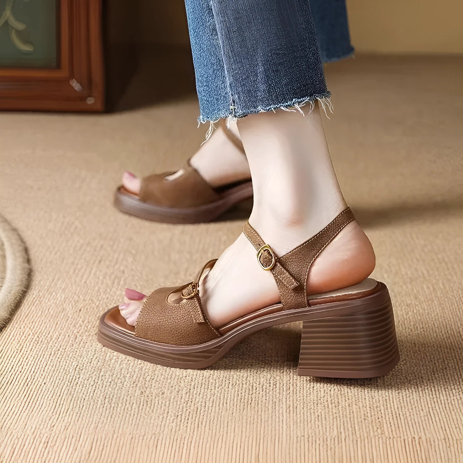 Women's beige retro platform sandals with open square toe and rubber sole.