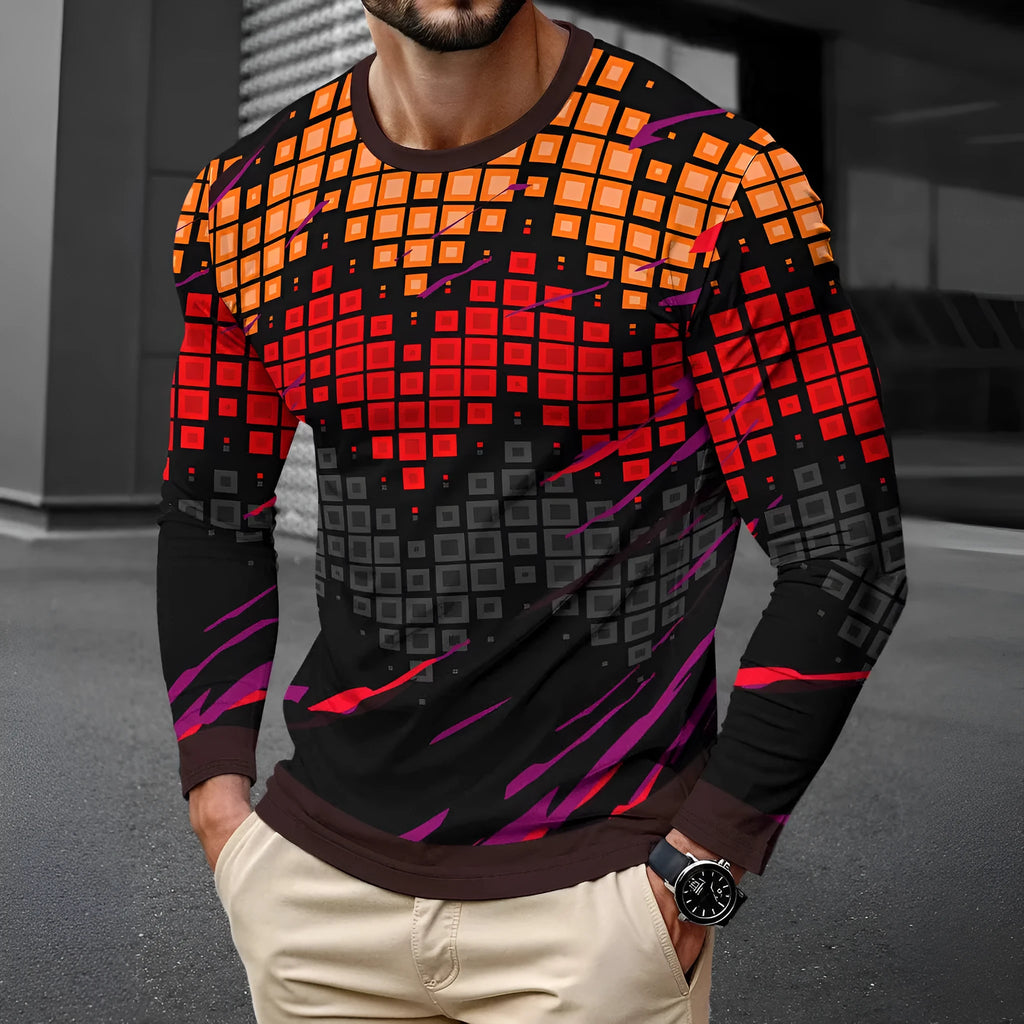 Man wearing a simple long sleeve round neck pullover top in milk silk fabric, available in multiple colours.