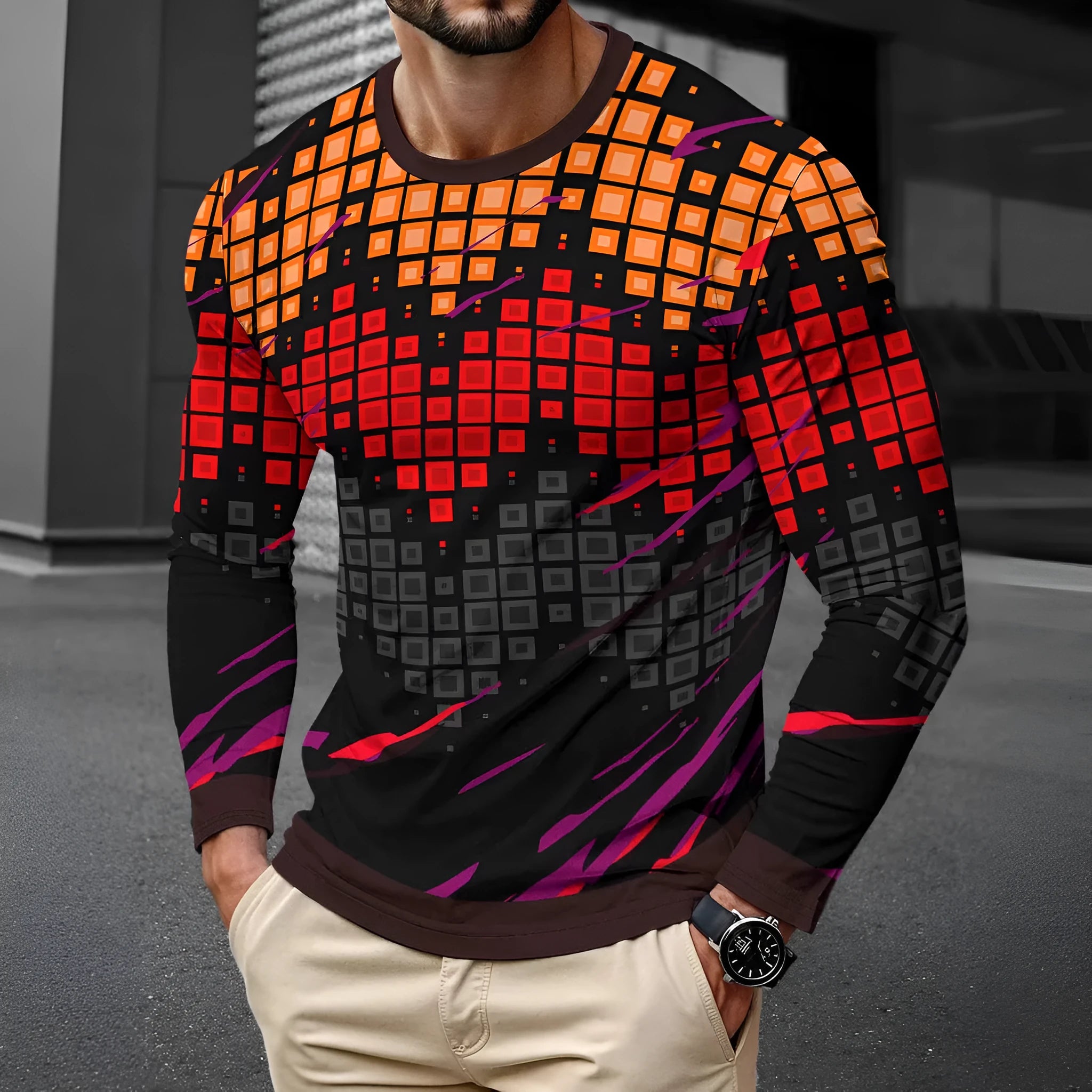 Man wearing a simple long sleeve round neck pullover top in milk silk fabric, available in multiple colours.