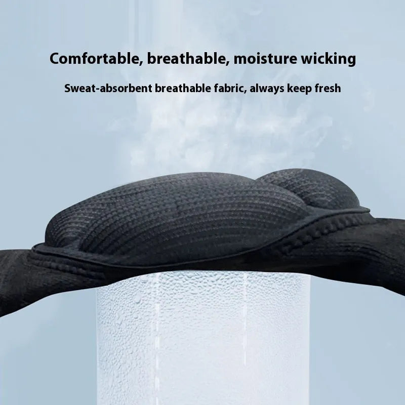 A pair of black thick sponge kneepads made from polyester fabric, shown on a knee.
